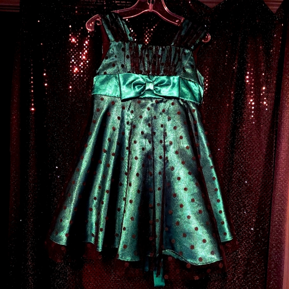 Girls Emerald Green Satin Polka Dot Party Dress